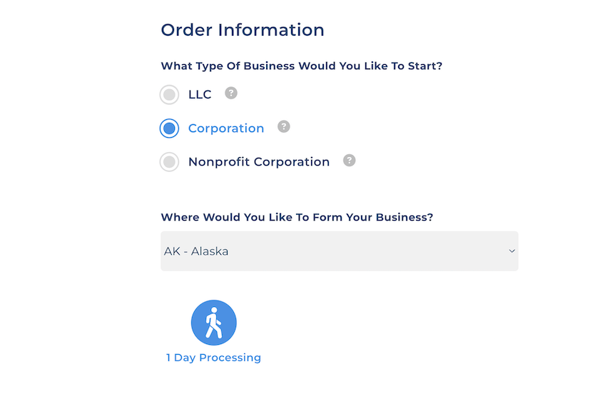 Screenshot of a new corporation in Alaska order from Northwest Registered Agent with 1-day processing selected.