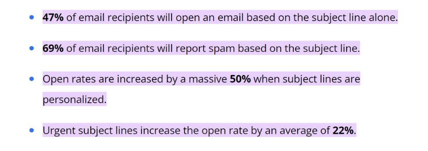 Screenshot showcasing stats from the article 15+ Email Subject Line Statistics