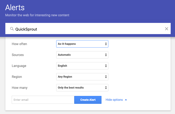 Google Alerts setup screen