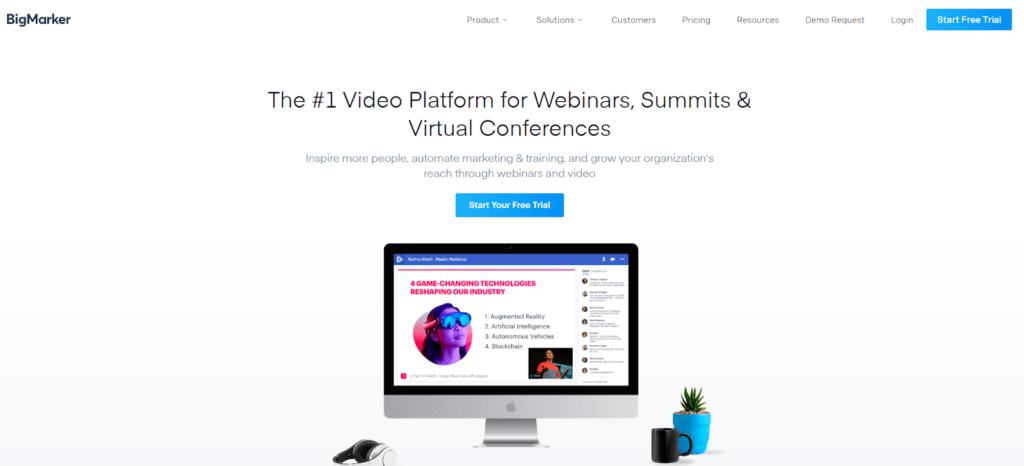 BigMarker virtual conference startup free trial page.