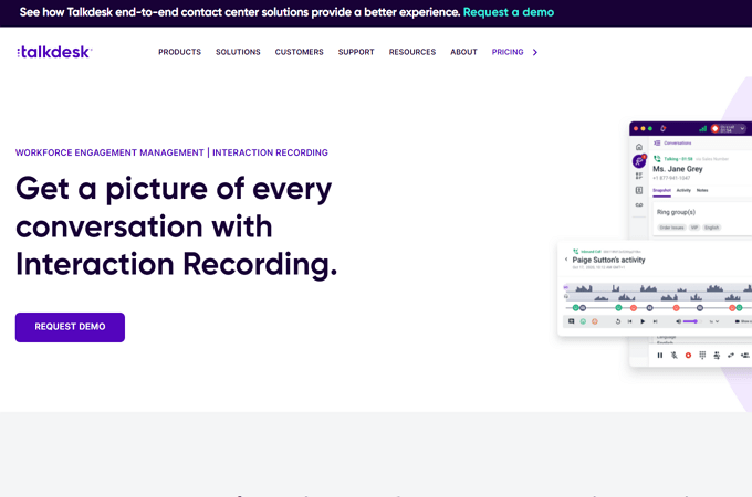 Screenshot of Talkdesk webpage for Workforce Engagement Management and Interaction Recording
