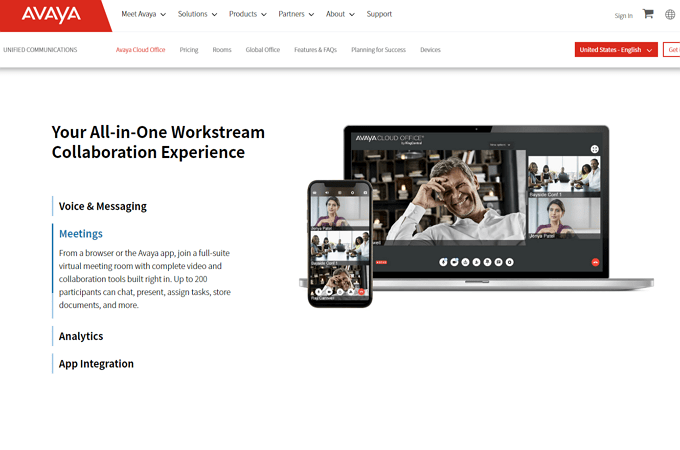 Screenshot of Avaya cloud office page that shows how you can use Avaya for voice and messaging, meetings, analytics, and app integration