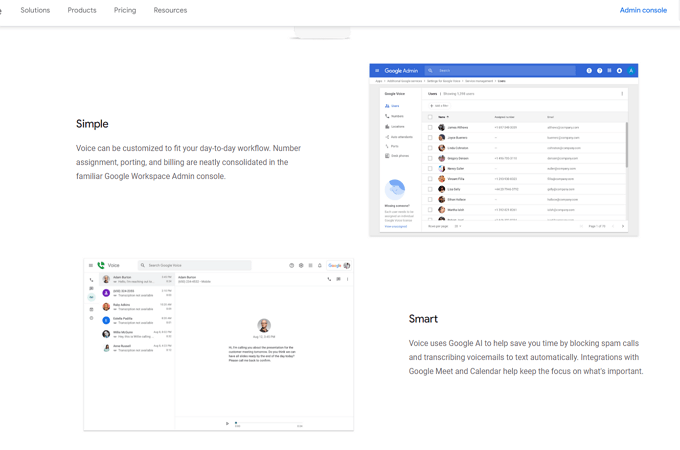 Screenshot of Google Voice website page focusing on how Google Voice is both simple and smart