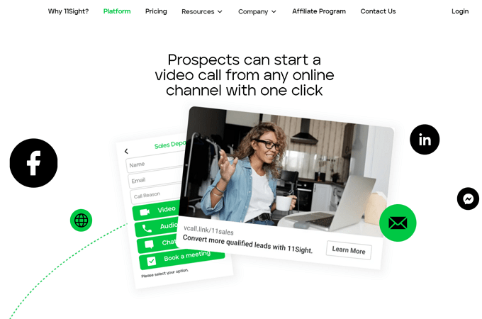 Screenshot of 11Sight Inbound Video Call Platform website page with headline that says, "Prospects can start a video call from any online channel with one click"