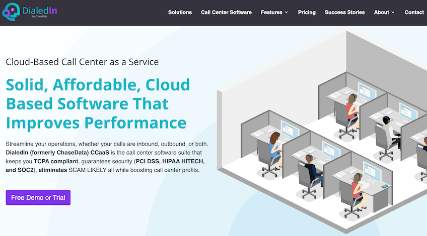 Screenshot of DialedIn call center software landing page.