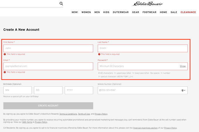 A screenshot of Eddie Bauer checkout screen.