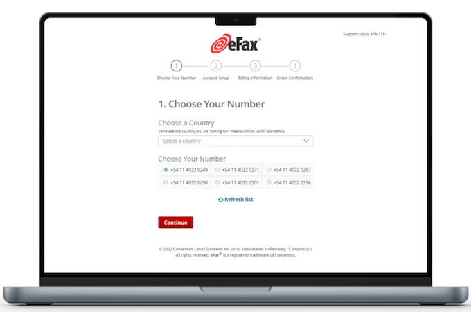 eFax setup screen