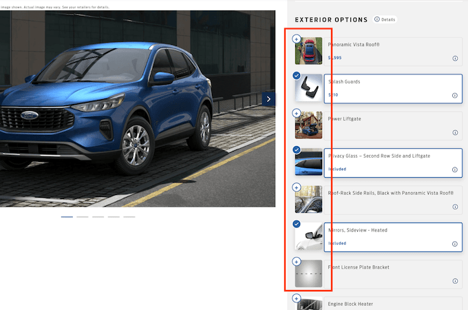 A screenshot of the Ford Escape build your vehicle options screen.