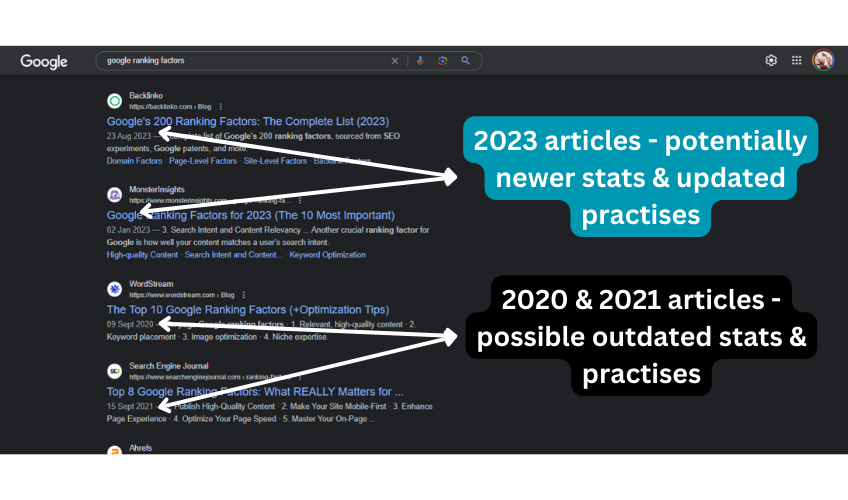 Screenshot of Google search highlighting older articles and current ones for the same topic. 