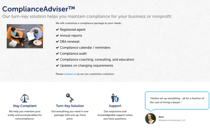 Screenshot from Harbor Compliance - Compliance Adviser webpage