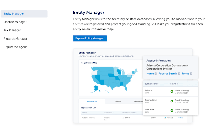 An example of the Harbor Compliance software’s Entity Manager tool.