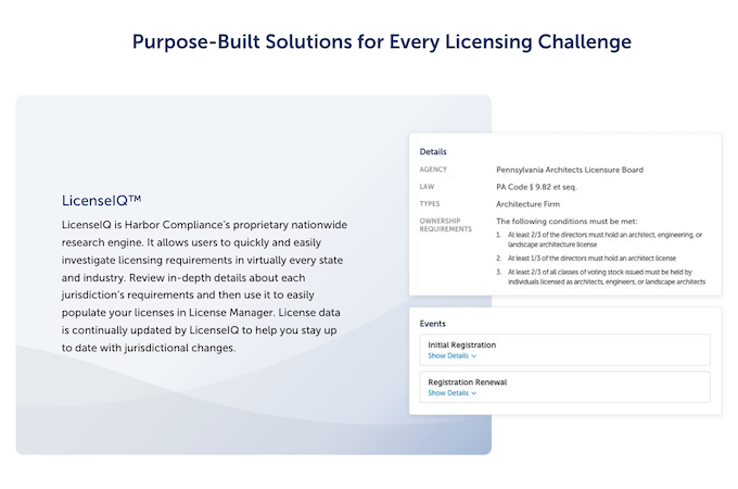 Harbor Compliance LicenseIQ webpage