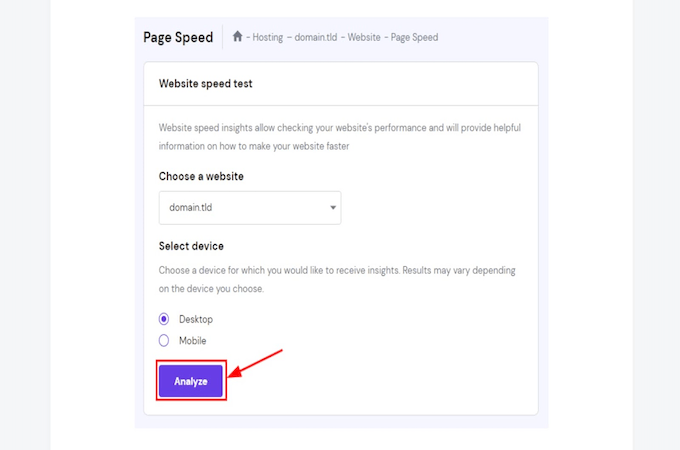 Image of Hostinger hPanel speed test form.