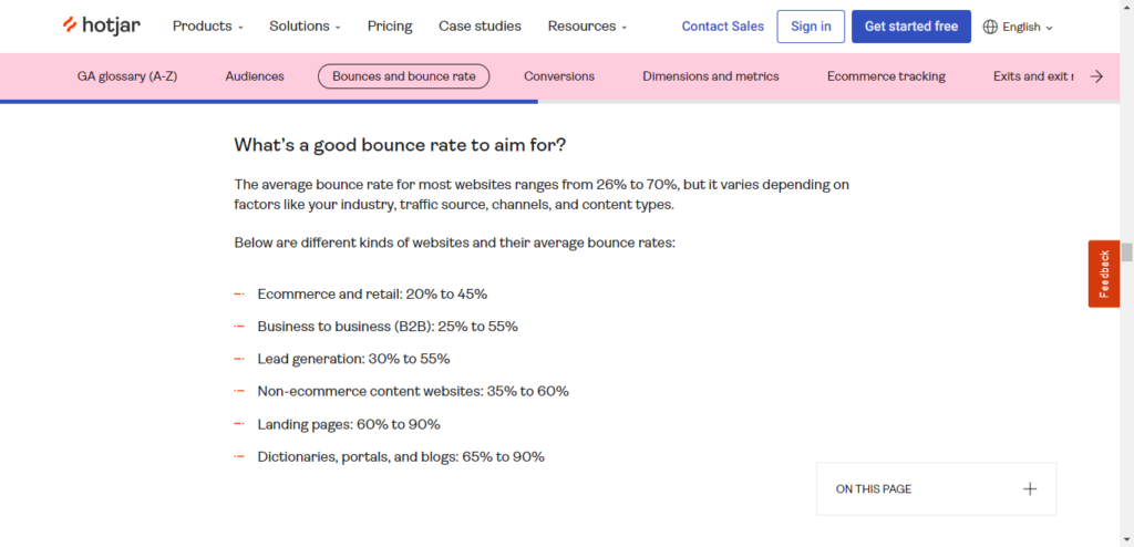 hotjar's bullet list of average bounce rates per types of websites. 