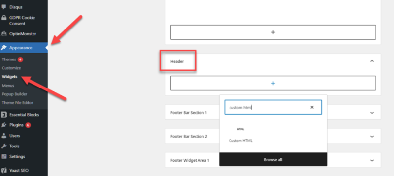 WordPress admin dashboard with arrows pointing to Appearance and Widgets