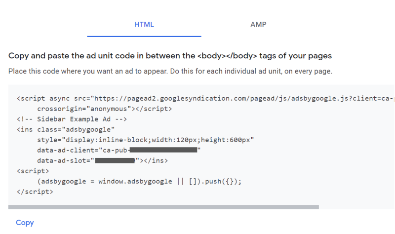 HTML snippet of Google Adsense ad