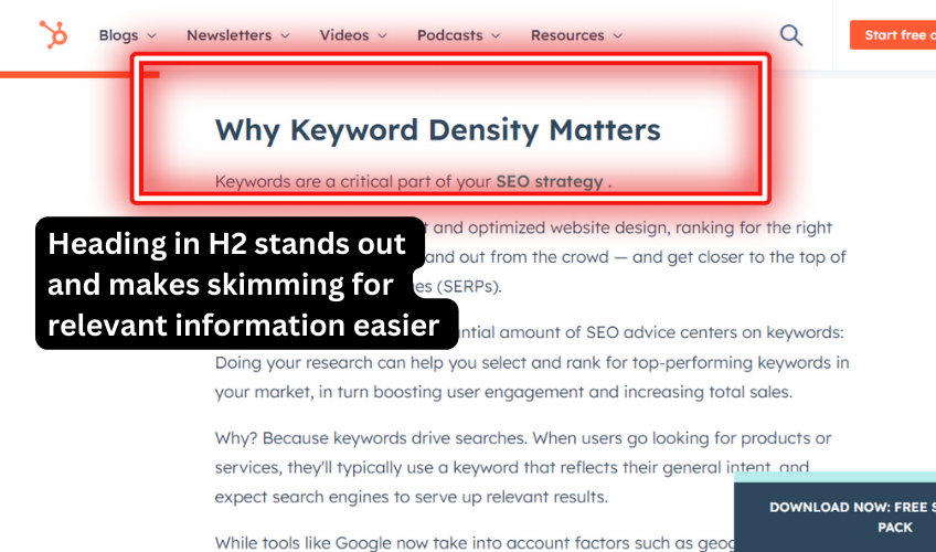 Screenshot of HubSpot article highlighting H2 heading. 