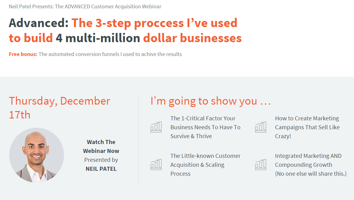 Example of Neil Patel webinar landing page. 