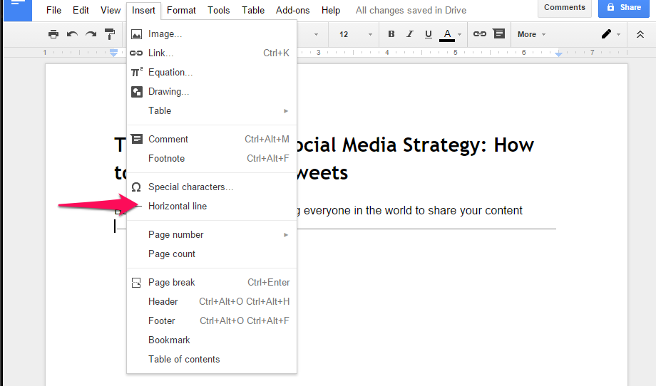 Google Docs insert horizontal line function example.