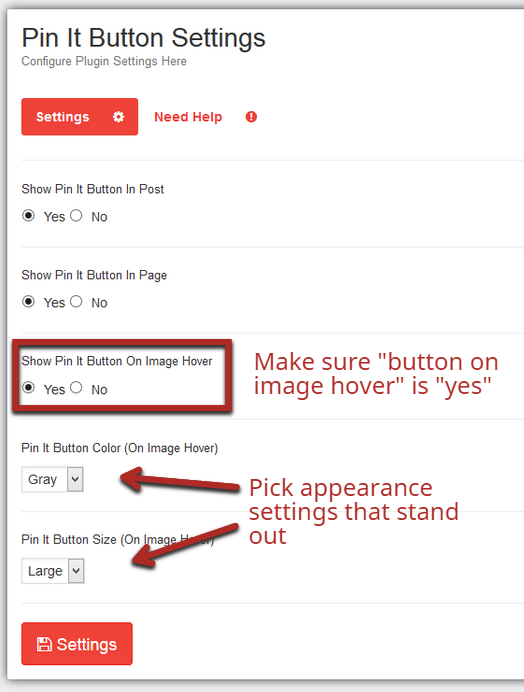 Pinterest pin it button settings.