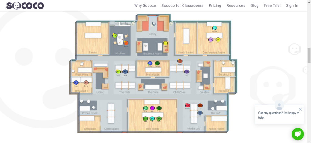 Sococo virtual office service and solution online office space mimicking a physical office space.