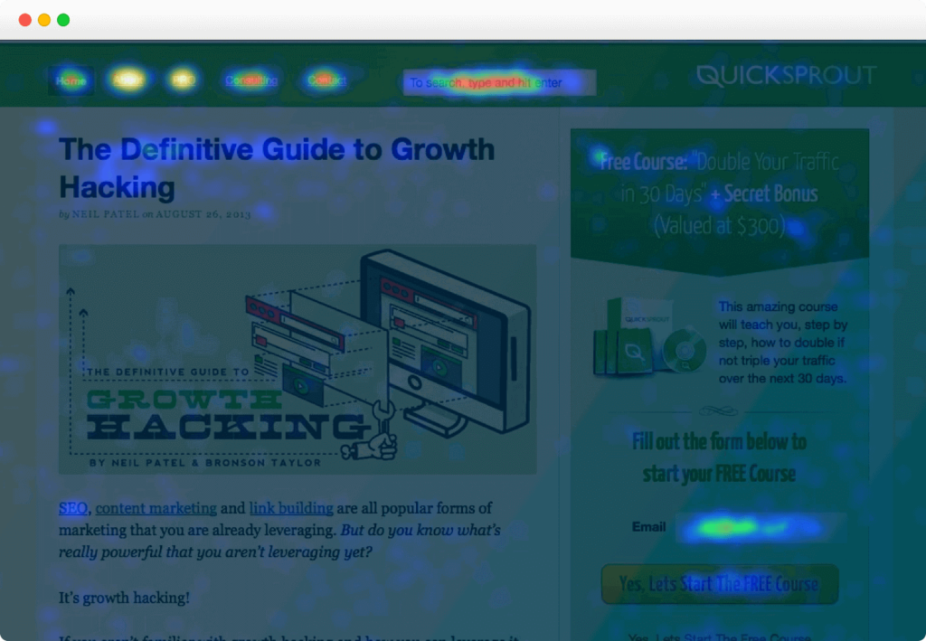 Heatmap example of where visitors clicked the most on a quicksprout article..