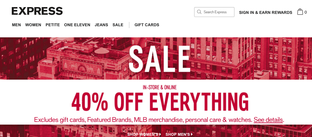 Express website offering a sale and discounts