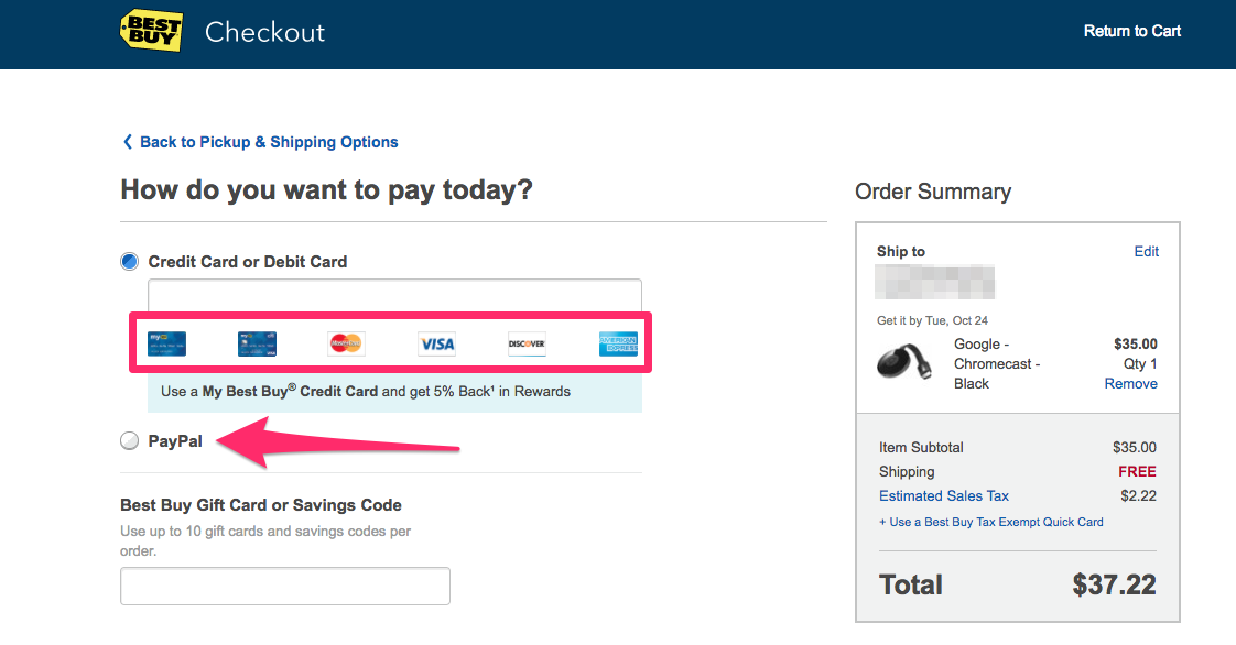 Best Buy checkout with various payment options feature