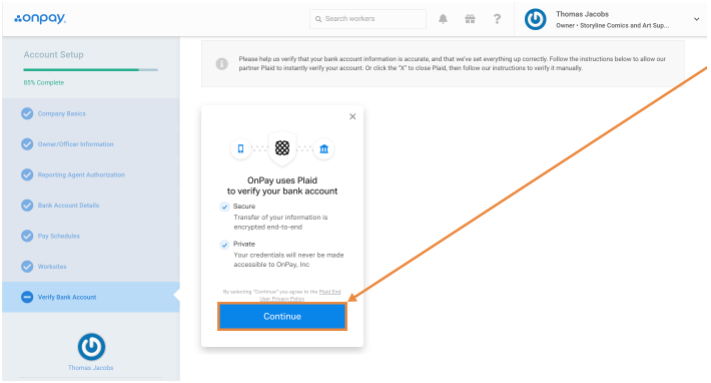 OnPay bank account verification process through Plaid.