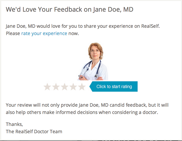 Mock example of customer review with interactive five-star review feature.