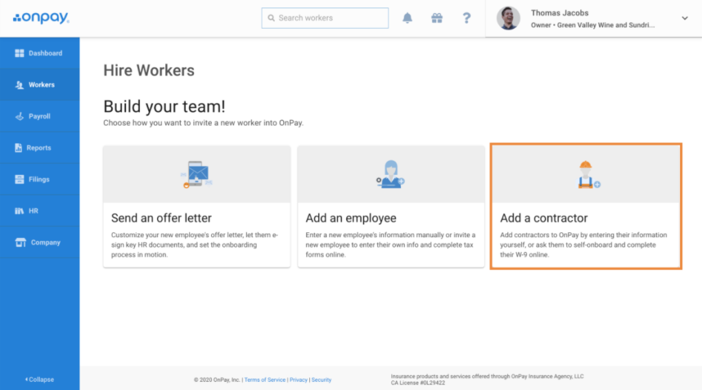 OnPay build your team and add a contractor screen.