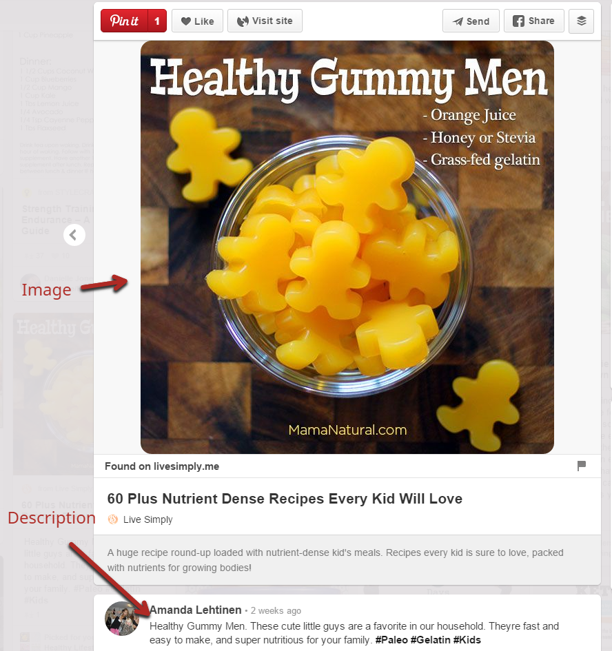 Example of pin on Pinterest with image and description and hashtags.