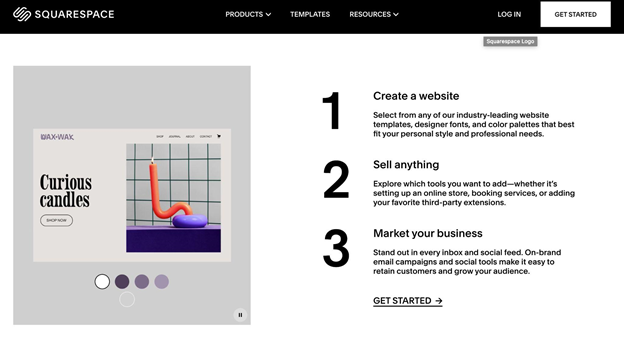 Squarespace create a website get started page.