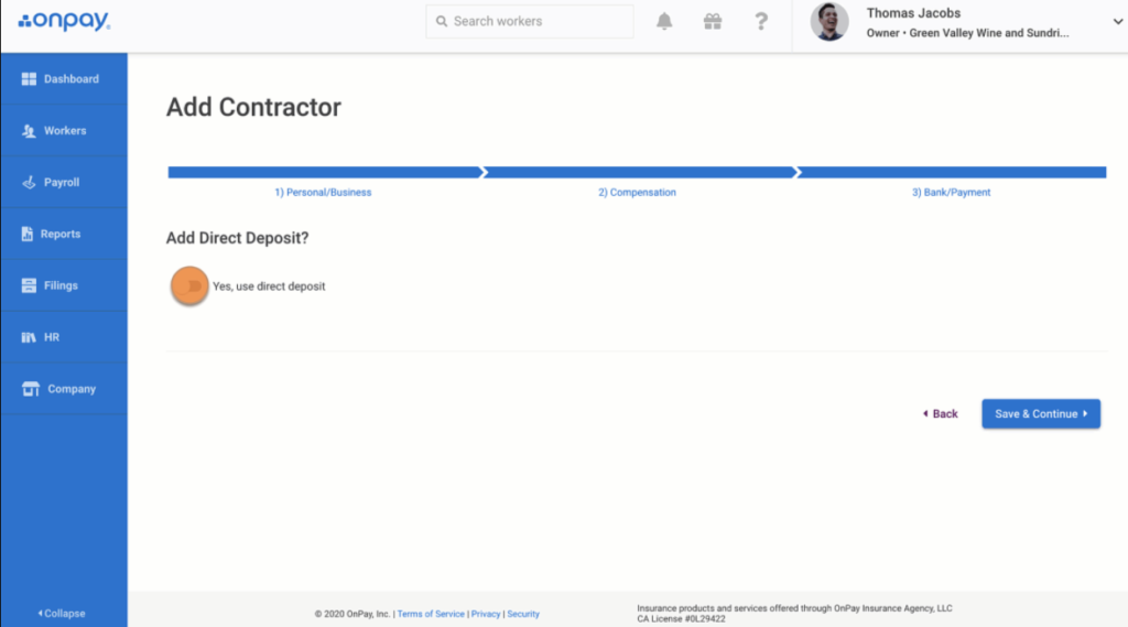 OnPay enter bank and payment details for contractor screen.