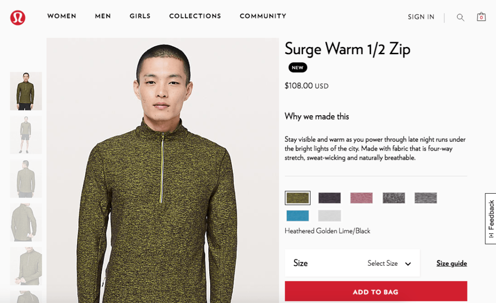 Example of a Lululemon product webpage.