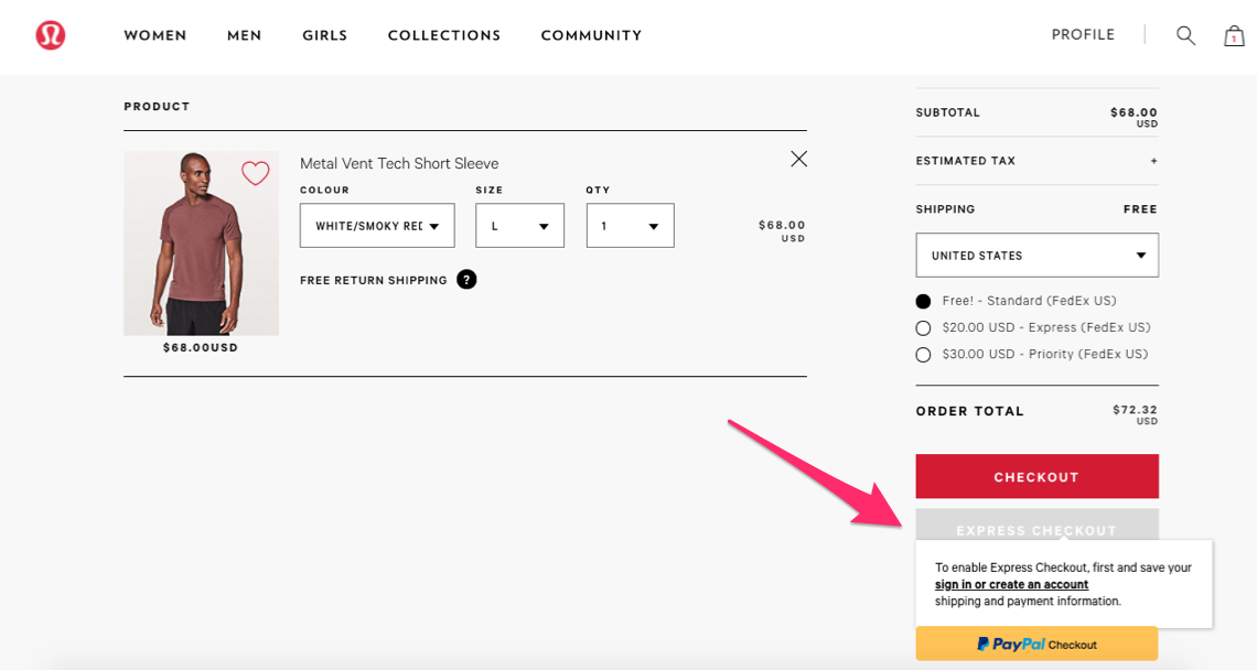 Checkout process screenshot for Lululemon.