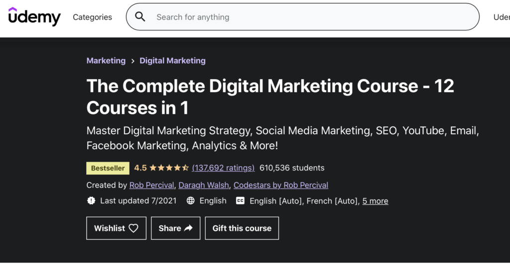 Udemy the complete digital marketing course homepage.