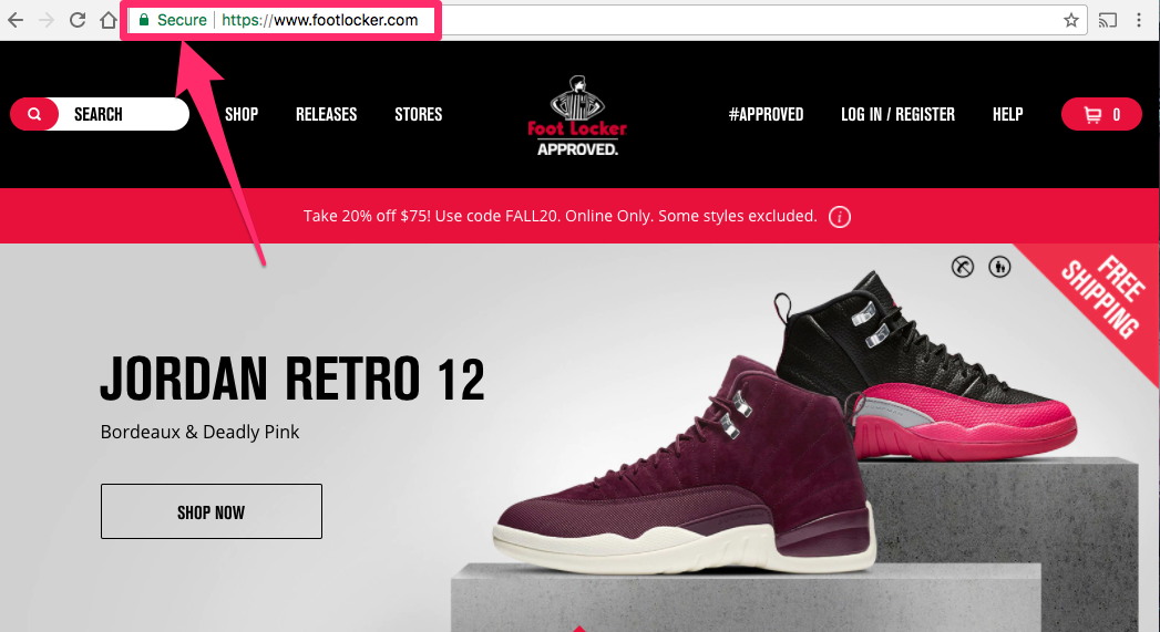 Foot Locker website example of secure website