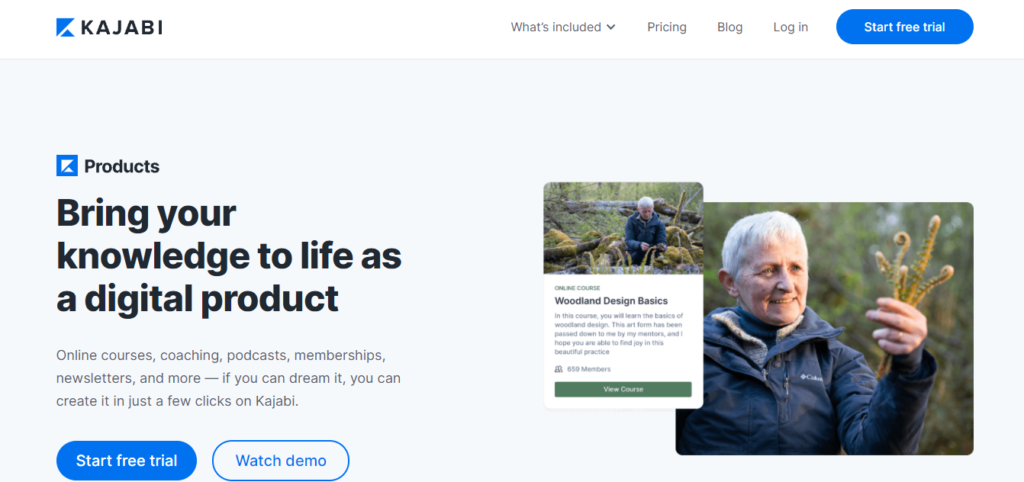 KAJABI create digital products start free trial homepage.