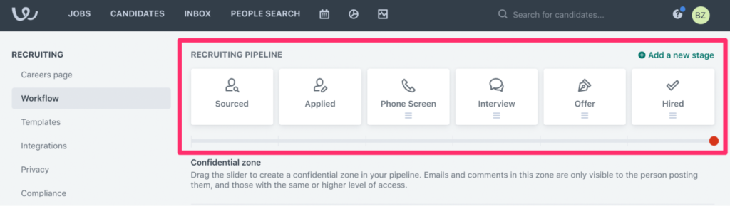 Workable recruiting software hiring pipeline and workflow example.