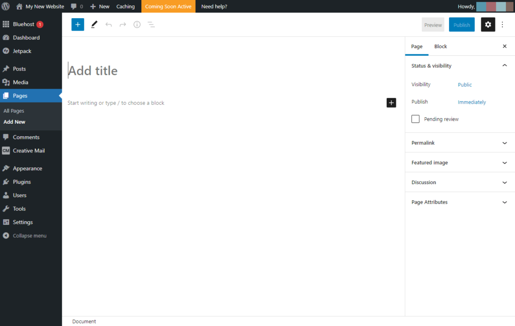 Page editor mode in WordPress example.