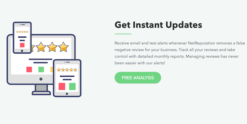 NetReputation page titled "Brand Reputation Management with Monitoring" with image of green free analysis button