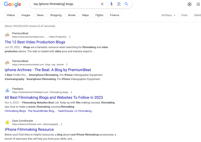 Google search results for top iphone filmmaking blogs