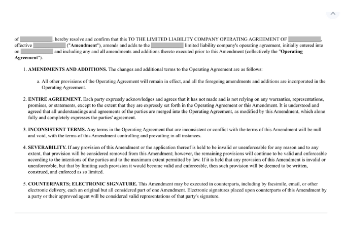 An example of LegalNature’s LLC Operating Agreement Amendment document.