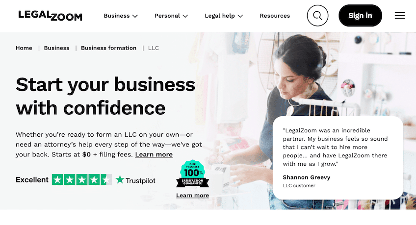 Screenshot of LegalZoom LLC formation landing page.