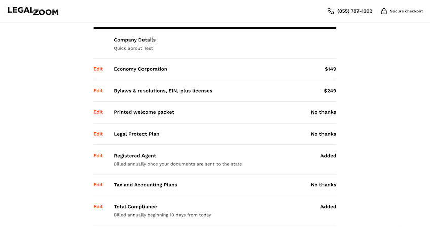 An example of a LegalZoom's checkout page for the Economy Corporation plan