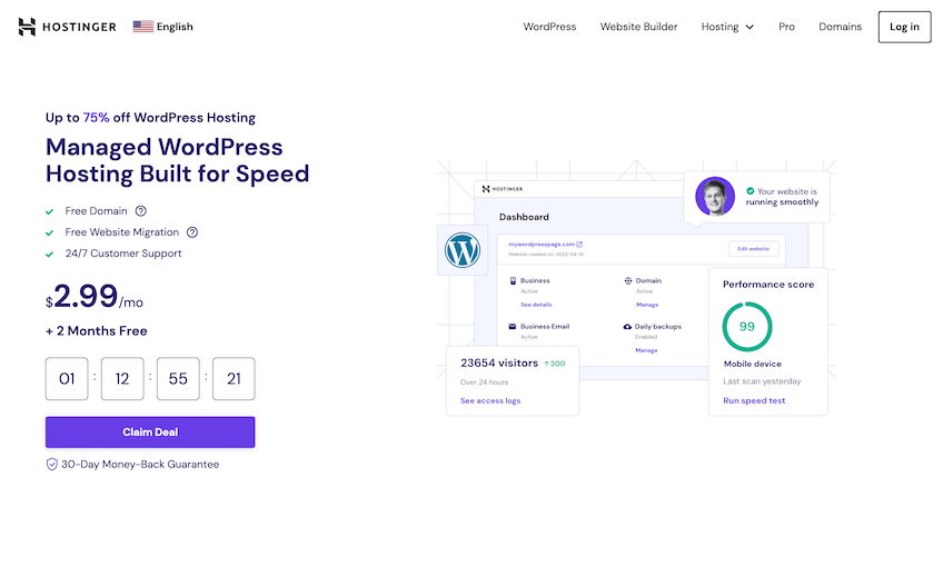 Hostinger's managed WordPress hosting landing page