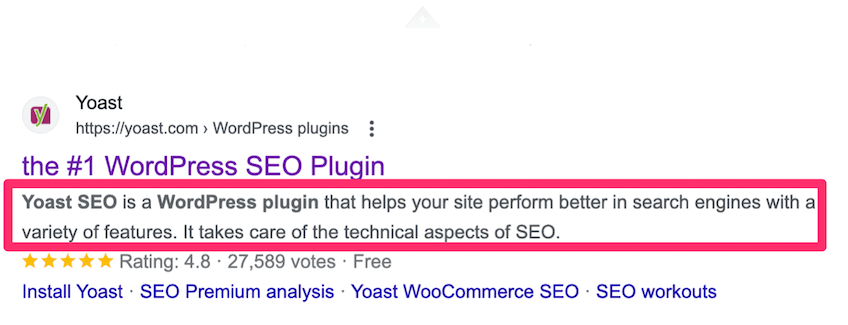 Screenshot of Yoast SEO meta description in Google SERPs