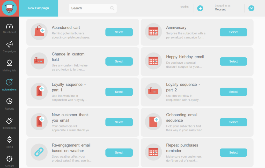 Moosend email campaign dashboard screen.