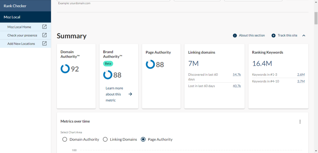 Screenshot of Moz Pro domain overview analysis on Reddit's domain. 